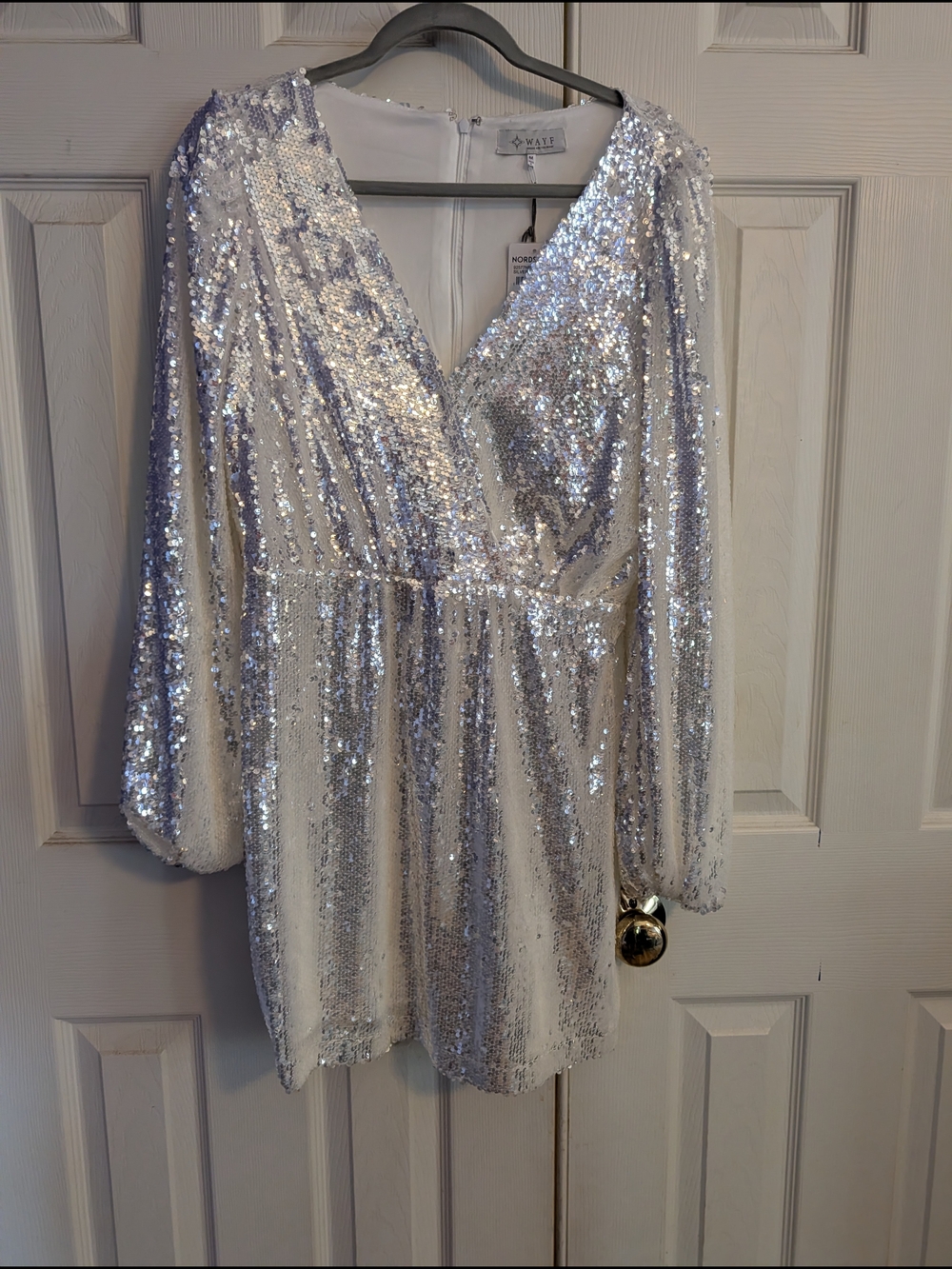 Wayf Silver Sequin V-Neck Long Sleeve Mini Dress